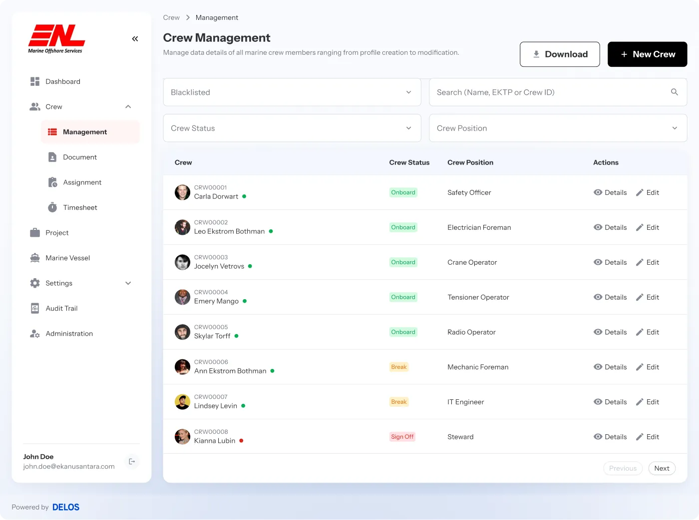 Delos Maritime crew management screen showing crew status and documents
